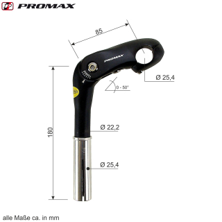 Promax Lenkervorbau 0 - 50 Fahrrad Lenker Vorbau 85/180 mm Aluminium